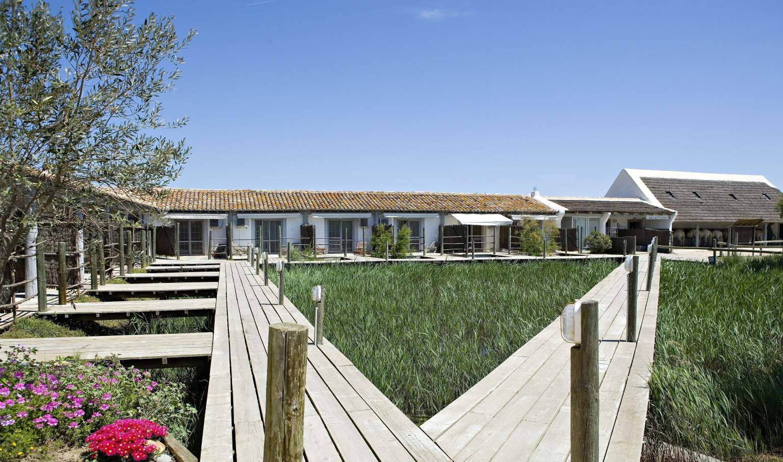 Jardin et ponton de l'hôtel Les Arnelles, Séjours et Weekends en Camargue